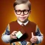 Placeholder: Peter billingsley chubby kid Tortoise-shell glasses, Holding a ((dark red bar soap)) in his hand, brown argyle sweater