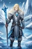 Placeholder: 1 anime man. warrior, with blue eyes and blonde hair man in silver Viking armor with fur around the neck with blue crystal on his chest, standing in water in the artic, holding a ice axe, warrior in, anime style