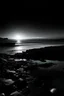 Placeholder: Black and white photography of a ocean seen from far at night. sci fi style