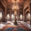 Placeholder: Hyper realistic detailed inside historical indian castle with chandeliers & ceiling paintings & glass work on pillars with beautiful carpet & water fountain