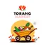 Placeholder: A design for a supermarket called (Torang Plus Market) in the form of an attractive logo at the top of the image with a wheelbarrow full of products in the middle of the image on a special and beautiful background with a color spectrum of orange, red and white.