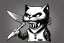 Placeholder: Cat diabolical smiling with a bloody knife with blood. Comic style