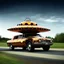 Placeholder: award winning photograph of a steampunk house-fly ufo genetic-splice designed by only one vehicle per image painted metallic orange traveling at a high rate of speed, jet intake off of front center of vehicle and jet exhaust out the rear bilaterally symetrical, more a high speed road vehicle