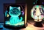 Placeholder: a cute chibi cat watching fappily a bioluminescent stained glass tyffany lamp on a wooden nightstand