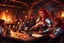 Placeholder: A dark medieval tavern interior, warm firelight and smoky atmosphere, crowded with rough mercenaries and travelers, wooden tables covered with mugs and dice, torchlight reflecting on steel weapons, in the center a striking red-haired warrior woman resembling Red Sonja sitting confidently at a table near the hearth, chainmail armor glinting in the firelight, a sword resting against the table, dramatic cinematic lighting, gritty sword-and-sorcery fantasy mood, viewed from the doorway as a traveler
