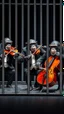 Placeholder: Four chimpanzees musicians wearing Papillons and suits four are playing violins and the one is a playing. Cello each one is looking to a notes stands on a stage behind a prison bars , 4k , high quality picture