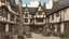 Placeholder: A Paved Courtyard, With Tudor Gothic Houses, Tall Chimneys, Crooked Roofs, a small stream, People, Shops,