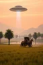 Placeholder: A field of date palms trees by the river and a ufo spacecraft hovering a chariot pulled by horses