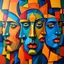 Placeholder: A monumental large-scale oil painting featuring intricate stylized faces seamlessly interwoven with geometric shapes. Vibrant, saturated colors – deep blues, warm oranges, bright yellows, reds, and greens – cover the entire canvas edge-to-edge with no borders. The composition is immersive and dynamic, with overlapping planes and deconstructed features creating a cubist-inspired mosaic. Thick layered brushstrokes, rich textures, and an expansive gallery feel draw the viewer into the artwork. --v