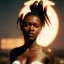 Placeholder: A beautiful portrait of a cyberpunk black tribal woman with lot's of grain on her skin and tribal tatoos, with natural hair floating in the wind cyborg smiling facing camera orange color scheme, high key lighting, volumetric light high details with white stripes and feathers unreal 5, octane render, cinema4d, dynamic lighting, dramatic lighting, 4k, redshift render, highly detailed, hyper realistic