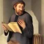 Placeholder: smiling man reading book into microphone by Michelangelo