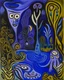 Placeholder: A purple swamp with ghosts designed in Mexican folk art painted by Pablo Picasso