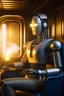 Placeholder: portrait of futuristic space robot holding lotsa phones chatbot smoking a sigar on a throne in a fast bullet train , smoke, 4k, downlight, soft light, depth of field, photorealism