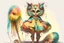 Placeholder: candyshop, Jean-Baptiste Monge style. Full body of a humanoid biomorph kitten-owl faced woman. Vibrant, colorful. A furry striped dress, covered with owl feathers, in sunshine