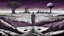 Placeholder: inner an giant block of stone of several layers a human figure stands alone , in outside around weird landscape with city in the distance, sharp lines, fade pale eyes, fade human figures in city, dark purple, gray, black, white, brown. Whimsical style and surreal vibe, lonely with absurd broken land, neuron network background, surreal nightmare vibe