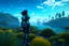 Placeholder: young woman in an android suit with dark hair, standing on the shore of an alien sea. Floating forests with dandelion tops in the distance