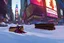 Placeholder: Supergirl merrily sliding inside a very old soapbox of wood, over a huge pile of snow in Times Square.