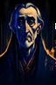 Placeholder: A portrait Christopher Lee in his forties, dressed as a mage in expensive robes, in the style of Genndy Tartakovsky