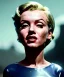 Placeholder: Ultra Realistic retro sci-fi 1960 scene, waist up view portrait, blonde woman, sweet young Marilyn Monroe face, perfect iris, tight latex coat, alien planet background, tight style, steel sphere dron levitating, fog, rain, soft color, highly detailed, unreal engine 5, ray tracing, RTX, lumen lighting, ultra detail, volumetric lighting, 3d, finely drawn, high definition, high resolution.