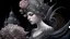 Placeholder: Beautiful bioluminescense black and silver humanoid lady snail textured detailed lace ornate house portrait, adorned with white and pink flower dust, pink rose and black rose silver dust beads, wearing diadem headress, wearing Renaissance costume, organic bio spinal ribbed detail of Renaissance textured bioluminescense watery floral silver floral dust creative background maximálist hyperrealistic concept art