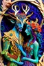 Placeholder: "Satyr Union"; surreal Satyr and Nymph couple wearing colorful Royal wedding attire made with quilling found in nature; Avant-garde