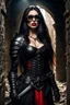Placeholder: BEAUTY WOMAN, NICE BODY, SCARED, BIG EYES, BLACK LONG HAIRED, RED LIPSTICK, DRESSING A BLACK ARMOUR, AND BLOUSE, SUNGLASES, INTO A DIRTY DUNGEON, BONES AND RATS
