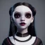 Placeholder: Jenna ortega with wednesday addams black dress,soft goth libstick, wednesday addams make up, dramatic lighting, highly detailed, volumetric lighting, unreal engine, 8k