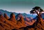 Placeholder: mountains, a gloomy rocky landscape, cypresses stretching up in the foreground, rocks and a bloody sky in the background