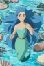 Placeholder: a beautiful mystical mermaid with blue hair and shimmering tail, rock, calm water, fish, beautiful colors, fine detail, high quality, seashell, octopus, dreamlike, mystical