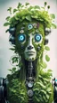 Placeholder: a portrait of a vegan hippie robot made of living plants, and having a sentient look in its eyes, like a buddha