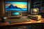 Placeholder: retro tech on a desk, immersive surreal landscape