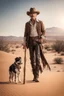 Placeholder: Full body cowboy in a desert with a dog and fancy walking stick