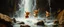 Placeholder: master oil painting by Rembrandt,cute trolls angels dancing inside waterfall, we barely see them inside the cascades