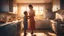 Placeholder: Hyper Realistic Photographic-view of a Housewife-Single-Mother cooking & baby-sitting-her-child with multitasking inside a kitchen at golden-hour-sunset-lighting showing dramatic & cinematic ambiance.