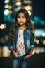 Placeholder: Little 6 years old beautiful girl perfect face,1girl wearing a pretty shirt and jean pant, standing pose,modern city ,night view