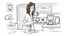 Placeholder: cartoon style, a tangled-haired, sleepy, cranky, nervous woman is standing with an hourglass mug in her hand, the mug says "coffee", she shows the camera the display of her mobile phone, which shows 8:00, behind her the brewed coffee is flowing down from the coffee maker onto the kitchen counter, a coffee mug a half sock on the counter, 2025 calendar, pen, glasses, laptop, the hand of the wall clock is at 9 o'clock, the micro digital clock shows 8:10, little morning light, sleepy, gray, moody, f