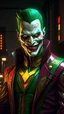 Placeholder: Joker wearing Superman suit, smile, (top-quality、8K、32K、masterpiece、)、(The ultra -The high-definition)、(Photorealsitic:1.4)、Raw photography,Perfect eyes,Charming perfect figure,actionpose:1.2,Detailed cyberpunk fashion、World of Cyberpunk,depth of fields,blurry backround,、