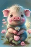 Placeholder: dorable cute happy baby scottish highland pig with dreamy eyes, sitting down and holding a flower, nursery art, very rendered polished Perfect, smooth edges, flawless Facial Features, Stunning, Whimsical Fantasy, Cute, Highly Detailed, Well Rendered, cartoon, illustration