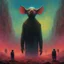 Placeholder: Beksiński style colourful gaming movies cinema a pigman being praised