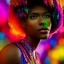 Placeholder: full body shot, masterpiece, best quality, man of median age, black skinned, sparkling eyes, fluorescent skin, colorful makeup, afro, highly detailed body, afrofuturism, scifi, sun light, 4K, RAW, depth of field, high contrast, realistic details, 24mm