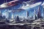 Placeholder: A Spaceship is taking off from a buzzing Space port on a heavy industrialized planet with a futuristic city in the background, retrofuturistic, art by John Berkey, buildings with glass facades, brutalist architecture, insanely detailed, vibrant, 8k uhd, cinematic atmosphere, ultra-wide angle, street level view, brush strokes, blue sky with clouds, dramatic sunset, sharp focus