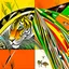 Placeholder: Abstract art, fragmented tiger abstraction by Gerald Scarfe and Colin McCahon and Graham Sutherland, primary sharp colors. precise colliding geometric shapes