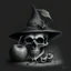 Placeholder: Realistic drawing of a Skull with a Witch hat, Skull has ghost eyes and is eating from a poison apple.