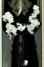 Placeholder: 7 year old boy, necromancer, friendly, looks dead, surrounded by weird smoke with eyes, wearing black robes, in the style of Harry Clarke