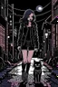 Placeholder: Punk girl with the black cat on the small town street, at night, graphic style, Margot robbins style highly detailed, brown hair, long legs, heavy boots, fishnet stockings, black jacket