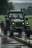 Placeholder: A farmer car driving a tractor in the rain.