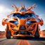 Placeholder: award winning car and driver photograph of a futuristic station wagon mech hybrid designed by only one vehicle per image painted metallic orange traveling at a high rate of speed, jet intake off of front center of vehicle and jet exhaust out the rear with bright blue flame, bilaterally symetrical, more a high speed road vehicle