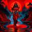 Placeholder: An oil painting of goddess Kali crossing a lake, neon red colors,