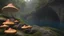 Placeholder: Hyperrealistic shot of exotic giant mushrooms with tentacles on a rocky shoreline, trees, arches, bridges, and cliffs