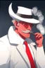 Placeholder: An old male crimson red demon wearing a white and gold police comisioner outfit, he is also wearing glasses, he has a white scruffy mustache, and a small black fedora.